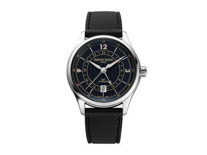 Frederique Constant Classics Runabout GMT Automatik Edelstahl 42mm blaues Zifferblatt schwarzes Kautschukband limitiert – Herrenuhren Uhr mit Datum aus Edelstahl und Kautschuk. Das Gehäuse ist rund und silber. Das Kautschuk / Kunststoff / Silikon Armband ist schwarz. Das Zifferblatt ist arabisch Index und blau.