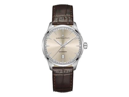 Hamilton Jazzmaster Automatik 40mm bronze Zifferblatt braunes Lederband – Herrenuhren Uhr mit Datum aus Edelstahl. Das Gehäuse ist rund und silber. Das Lederarmband ist braun. Das Zifferblatt ist ein Index in braun.