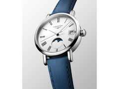 Longines Elegant Collection Quarz Edelstahl 30mm weißes Zifferblatt blaues Lederband – Damenuhren Uhr mit Datum aus Edelstahl und Leder. Das Gehäuse ist rund und silber. Das Lederarmband ist blau. Das Zifferblatt ist römisch und weiß. – Ansicht 2