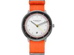 Sternglas Hamburg Edition Hafen Quarz Edelstahl 42mm mehrfarbiges Zifferblatt orangefarbenes Textilband – Herrenuhren Uhr mit Datum aus Edelstahl und Leder. Das Gehäuse ist rund und silber. Das Textilarmband ist orange. Das Zifferblatt ist arabisch Index und mehrfarbig.