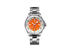 Breitling Superocean Automatic 36 Edelstahl orangenes Zifferblatt Metallband – Damenuhren Uhr ohne Datum aus Edelstahl und Keramik. Das Gehäuse ist rund und silber. Das Edelstahlarmband ist silber. Das Zifferblatt ist ein Index in orange.