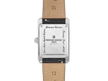 Frederique Constant Classics Carree Small Seconds Quarz Edelstahl mit Diamanten 36x25mm silbernes Zifferblatt schwarzes Lederband – Herrenuhren Uhr ohne Datum aus Edelstahl. Das Gehäuse ist rechteckig und silber. Das Lederarmband ist schwarz. Das Zifferblatt ist römisch und silber. – Ansicht 2