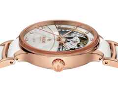 Rado Centrix Diamonds Automatik Open Heart Edelstahl Roségold-PVD 35mm weißes Zifferblatt mit Brillanten Metallband – Damenuhren Uhr ohne Datum aus Edelstahl, Keramik und PVD beschichtet. Das Gehäuse ist rund und roségold. Das Keramikarmband ist weiß. Das Zifferblatt ist ein Index in weiß. – Ansicht 3