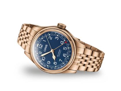 Oris Big Crown Pointer Date Automatik Bronze 40mm blaues Zifferblatt Metallband – Herrenuhren Uhr mit Datum aus Bronze und Edelstahl. Das Gehäuse ist rund. Das Armband ist ein Metallarmband. Das Zifferblatt ist arabisch Index und blau. – Ansicht 2