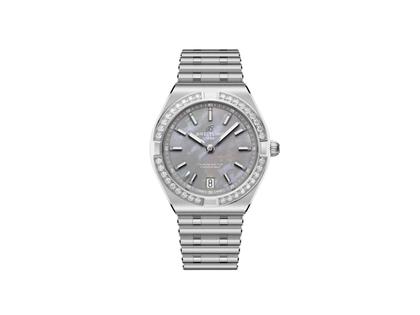 Breitling Chronomat 36 Automatik Edelstahl graues Perlmutt-Zifferblatt mit Brillanten Metallband – Damenuhren Uhr mit Datum aus Edelstahl. Das Gehäuse ist rund und silber. Das Edelstahlarmband ist silber. Das Zifferblatt ist ein Index in grau.
