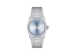 Tissot PRX Quarz Edelstahl 35mm blaues Zifferblatt Metallband – Damenuhren Uhr mit Datum aus Edelstahl. Das Gehäuse ist rund und silber. Das Edelstahlarmband ist silber. Das Zifferblatt ist ein Index in blau.