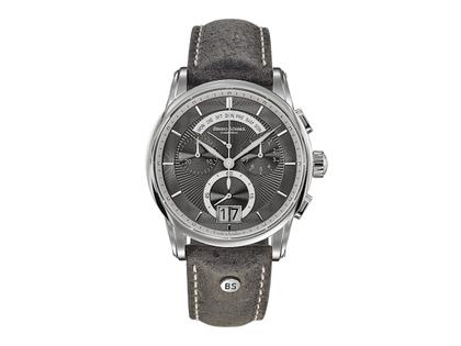 Bruno Söhnle Glashütte Grandioso Chronograph Großdatum Quarz Edelstahl 42,5mm graues Zifferblatt Lederband – Herrenuhren Chronograph aus Edelstahl. Das Gehäuse ist rund und silber. Das Lederarmband ist grau. Das Zifferblatt ist arabisch Index und grau.