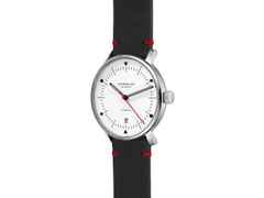 Sternglas Naos Edition Bauhaus X Rot Automatik Edelstahl 38mm beiges Zifferblatt schwarzes Lederband – Herrenuhren Uhr mit Datum aus Edelstahl. Das Gehäuse ist rund und silber. Das Lederarmband ist schwarz. Das Zifferblatt ist ein Index in beige. – Ansicht 3