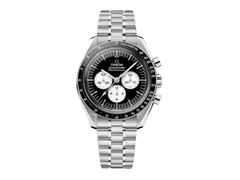 Omega Speedmaster Moonwatch Professional Chronograph Handaufzug Edelstahl 42mm schwarzes Zifferblatt Reverse Metallband – Herrenuhren Chronograph aus Edelstahl und Keramik. Das Gehäuse ist rund und silber. Das Edelstahlarmband ist silber. Das Zifferblatt ist ein Index in schwarz.