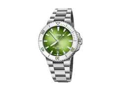 Oris Aquis Date Taste of Summer Automatik Edelstahl 41,5mm grünes Zifferblatt Metallband – Herrenuhren Uhr mit Datum aus Edelstahl und Keramik. Das Gehäuse ist rund und silber. Das Edelstahlarmband ist silber. Das Zifferblatt ist ein Index in grün.