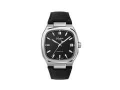 Glashütte Original Seventies Vintage Kollektion Vinyl Record Limited Edition Automatik Edelstahl 39x39mm schwarzes Zifferblatt Metallband und schwarzes Kautschukband – Herrenuhren Uhr mit Datum aus 750 Weißgold, Edelstahl und Kautschuk. Das Gehäuse ist quadratisch und silber. Das Edelstahlarmband ist silber. Das Zifferblatt ist ein Index in schwarz. – Ansicht 2