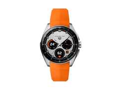 TAG Heuer Connected Calibre E5 Smartwatch Edelstahl 40mm digitales Zifferblatt orangefarbenes Kautschukband – Herrenuhren Uhr Multifunktion aus Edelstahl. Das Gehäuse ist rund und silber. Das Kautschuk / Kunststoff / Silikon Armband ist schwarz. Der Zifferblatt ist digital.