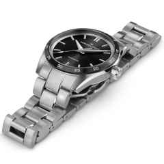 Hamilton Jazzmaster Performer Auto Edelstahl 34mm schwarzes Zifferblatt Metallband – Damenuhren Uhr ohne Datum aus Edelstahl. Das Gehäuse ist rund und silber. Das Edelstahlarmband ist silber. Das Zifferblatt ist ein Index in schwarz. – Ansicht 2