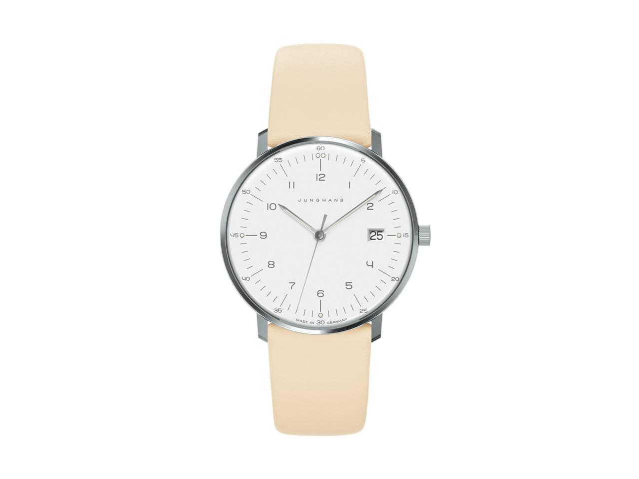 Junghans Max Bill Quarz Edelstahl 33mm Zifferblatt wei Lederband