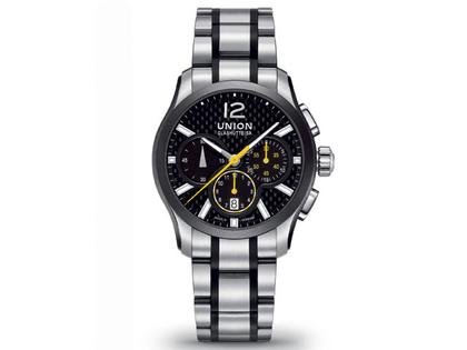 Union Glashütte Belisar Chronograph Automatik Edelstahl Schwarz-PVD schwarzes Zifferblatt Metallband – Herrenuhren Chronograph aus Edelstahl und PVD beschichtet. Das Gehäuse ist rund und silber. Das Edelstahlarmband ist silber. Das Zifferblatt ist arabisch Index und schwarz.