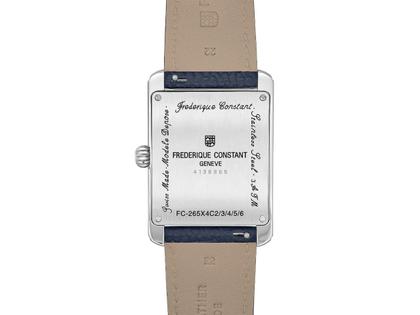 Frederique Constant Classics Carree Calendar Moonphase Quarz Edelstahl 42x30mm weißes Zifferblatt blaues Lederband – Herrenuhren Uhr mit Datum aus Edelstahl und Leder. Das Gehäuse ist rechteckig und silber. Das Lederarmband ist blau. Das Zifferblatt ist ein Index in weiß. – Ansicht 3
