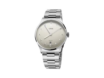Herrenuhren Uhr mit Datum aus Edelstahl. Das Gehäuse ist rund und silber. Das Edelstahlarmband ist silber. Das Zifferblatt ist ein Index in weiß.