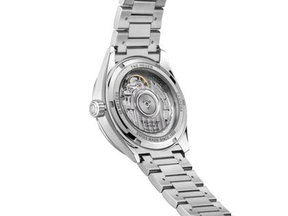 TAG Heuer Carrera Date Automatik Edelstahl 36mm graues Hammerschlag-Zifferblatt mit Brillanten Metallband – Damenuhren Uhr mit Datum aus Edelstahl. Das Gehäuse ist rund und silber. Das Edelstahlarmband ist silber. Das Zifferblatt ist ein Index in grau. – Ansicht 3