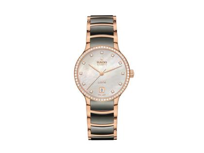 Damenuhren Uhr mit Datum aus Edelstahl, Keramik und PVD beschichtet. Das Gehäuse ist rund und roségold. Das Edelstahlarmband ist roségold. Das Zifferblatt ist ein Index in weiß.