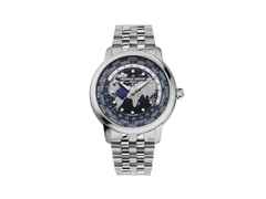 Frederique Constant Manufacture Classic Worldtimer Automatik Edelstahl 40mm blaues Zifferblatt Metallband – Herrenuhren Uhr ohne Datum aus Edelstahl. Das Gehäuse ist rund und silber. Das Edelstahlarmband ist silber. Das Zifferblatt ist ein Index in blau.