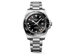Longines HydroConquest GMT Automatik Edelstahl 43mm schwarzes Zifferblatt Metallband – Herrenuhren Uhr mit Datum aus Edelstahl und Keramik. Das Gehäuse ist rund und silber. Das Edelstahlarmband ist silber. Das Zifferblatt ist arabisch Index und schwarz.