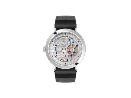 Nomos Glashütte Tangente 2date Handaufzug Edelstahl 38mm weißes Zifferblatt schwarzes Lederband Glasboden – Herrenuhren Uhr mit Datum aus Edelstahl und Leder. Das Gehäuse ist rund und silber. Das Lederarmband ist schwarz. Das Zifferblatt ist arabisch Index und silber. – Ansicht 2