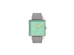 Nomos Glashütte Tetra Berliner Mischung Kleene Handaufzug Edelstahl 29mm türkises Zifferblatt graues Lederband – Damenuhren Uhr ohne Datum aus Edelstahl. Das Gehäuse ist quadratisch und silber. Das Lederarmband ist grau. Das Zifferblatt ist arabisch Index und grün.