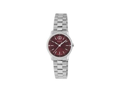 Gucci G-Timeless Quarz Edelstahl 29mm rotes Zifferblatt Metallband YA1265069 – Damenuhren Uhr ohne Datum aus Edelstahl. Das Gehäuse ist rund und silber. Das Edelstahlarmband ist silber. Das Zifferblatt ist ein Index in rot.