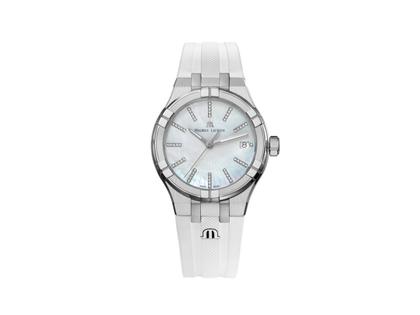 Maurice Lacroix Aikon Date Quarz Edelstahl 35mm Perlmutt-Zifferblatt weißes Kautschukband – Damenuhren Uhr mit Datum aus Edelstahl und Kautschuk. Das Gehäuse ist rund und silber. Das Kautschuk / Kunststoff / Silikon Armband ist weiß. Das Zifferblatt ist ein Index in weiß.