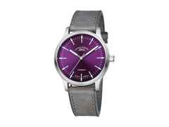 Mühle Glashütte Panova Violett Automatik Edelstahl 40mm graues Lederband – Herrenuhren Uhr ohne Datum aus Edelstahl. Das Gehäuse ist rund und silber. Das Lederarmband ist grau. Das Zifferblatt ist ein Index in lila.
