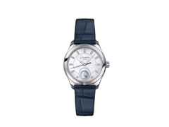 Glashütte Original Lady Serenade Luna Automatik Edelstahl 32,5mm weißes Perlmutt-Zifferblatt blaues Lederband – Damenuhren Uhr ohne Datum aus Edelstahl und Leder. Das Gehäuse ist rund und silber. Das Lederarmband Kroko / Alligator ist blau. Das Zifferblatt ist ein Index in weiß.