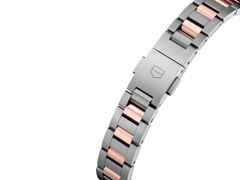 TAG Heuer Carrera Date Automatik Edelstahl 29mm weißes Perlmutt-Zifferblatt zweifarbiges Metallband – Damenuhren Uhr mit Datum aus 750 Rotgold und Edelstahl. Das Gehäuse ist rund und silber-roségold. Das Edelstahlarmband mit Gold ist silber-roségold. Das Zifferblatt ist ein Index in weiß. – Ansicht 5