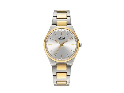 M&M New Classic Quarz Edelstahl IP-Gelbgold 36mm silbernes Zifferblatt Metallband bicolor – Damenuhren Uhr ohne Datum aus Edelstahl, IP beschichtet und vergoldet. Das Gehäuse ist rund und silber-gelbgold. Das vergoldetes Edelstahlarmband ist silber-gelbgold. Das Zifferblatt ist ein Index in silber.