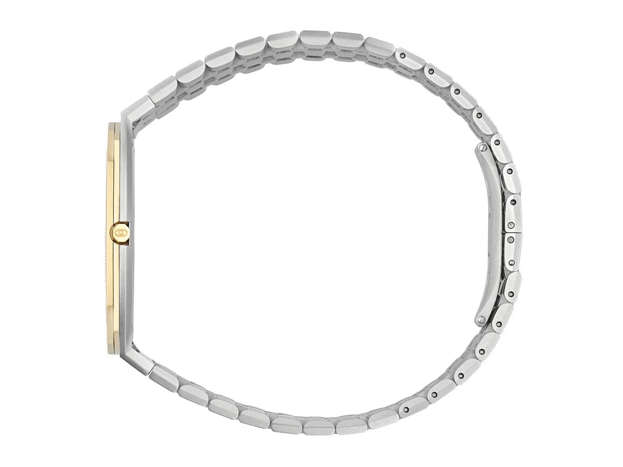 Gucci 25H Quarz Edelstahl 38mm goldenes Zifferblatt Metallband YA163405 – Damenuhren Uhr ohne Datum aus 750 Gelbgold, Edelstahl und vergoldet. Das Gehäuse ist rund und silber-gelbgold. Das Edelstahlarmband ist silber. Das Zifferblatt ist ein Index in gelbgold. – Ansicht 3