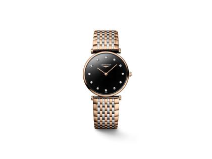 Longines La Grande Classique Quarz Edelstahl Roségold-PVD 29mm schwarzes Zifferblatt mit Diamanten Metallband – Damenuhren Uhr ohne Datum aus Edelstahl und PVD beschichtet. Das Gehäuse ist rund und roségold. Das vergoldetes Edelstahlarmband ist silber-roségold. Das Zifferblatt ist römisch und schwarz.