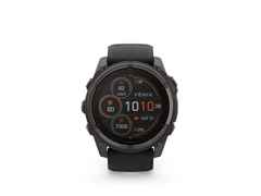 Garmin fenix 8 51mm Sapphire Solar faserverstärktes Polymer Titan carbongrau beschichtet schwarzes Kautschukband – Herrenuhren Uhr Multifunktion aus DLC beschichtet, Kautschuk und Titan. Das Gehäuse ist rund und grau. Das Kautschuk / Kunststoff / Silikon Armband ist schwarz. Das Zifferblatt ist digital und schwarz. – Ansicht 3