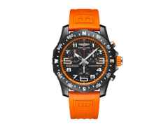 Breitling Endurance Pro 44 Chronograph Quarz Breitlight schwarzes Zifferblatt orangefarbenes Kautschukband – Herrenuhren Chronograph aus Sonstiges. Das Gehäuse ist rund und schwarz. Das Kautschuk / Kunststoff / Silikon Armband ist orange. Das Zifferblatt ist arabisch und schwarz.