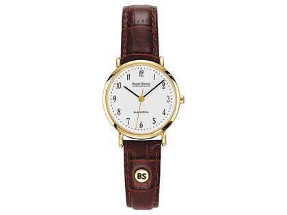 Bruno Söhnle Glashütte Nabucco arabisch Damenuhr Ø 28mm weiß gelb IP – Damenuhren Uhr ohne Datum aus Edelstahl und vergoldet. Das Armband ist ein Lederarmband. Der Zifferblatt ist arabisch.