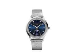 Frederique Constant Classics Moneta Moonphase Quarz Edelstahl 37mm blaues Zifferblatt Metallband – Herrenuhren Uhr ohne Datum aus Edelstahl und Leder. Das Gehäuse ist rund und silber. Das Edelstahlarmband ist silber. Das Zifferblatt ist ein Index in blau.