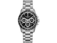 Hamilton Jazzmaster Performer Auto Chrono Edelstahl 42mm schwarzes Zifferblatt Metallband – Herrenuhren Chronograph aus Edelstahl. Das Gehäuse ist rund und silber. Das Edelstahlarmband ist silber. Das Zifferblatt ist arabisch Index und schwarz.
