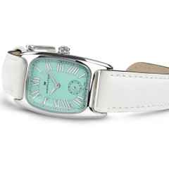 Hamilton American Classic Boulton Small Second M Quarz Edelstahl türkises Zifferblatt weißes Lederband – Herrenuhren Uhr ohne Datum aus Edelstahl und Leder. Das Gehäuse ist rechteckig und silber. Das Lederarmband ist weiß. Das Zifferblatt ist römisch und türkis. – Ansicht 3