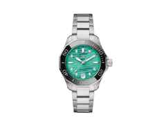 TAG Heuer Aquaracer Professional 300 Date Automatik Edelstahl 36mm türkises Zifferblatt mit Brillanten Metallband – Damenuhren Uhr mit Datum aus Edelstahl. Das Gehäuse ist rund und silber. Das Edelstahlarmband ist silber. Das Zifferblatt ist ein Index in grün.