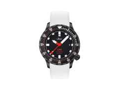 Sinn Spezialuhren U50 S Taucheruhr Automatik U‑Boot‑Stahl 41mm schwarzes Zifferblatt schwarzes Silikonband – Herrenuhren Uhr mit Datum aus Edelstahl und PVD beschichtet. Das Gehäuse ist rund und schwarz. Das Kautschuk / Kunststoff / Silikon Armband ist weiß. Das Zifferblatt ist ein Index in schwarz.