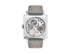 Nomos Glashütte Tetra Berliner Mischung Goldelse Handaufzug Edelstahl 29mm lachsfarbenes Zifferblatt graues Lederband – Damenuhren Uhr ohne Datum aus Edelstahl. Das Gehäuse ist quadratisch und silber. Das Lederarmband ist grau. Das Zifferblatt ist arabisch Index und roségold. – Ansicht 2