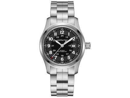 Hamilton Khaki Field Auto Edelstahl 42mm schwarzes Zifferblatt Metallband – Herrenuhren Uhr mit Datum aus Edelstahl. Das Armband ist ein Edelstahlarmband. Der Zifferblatt ist arabisch.