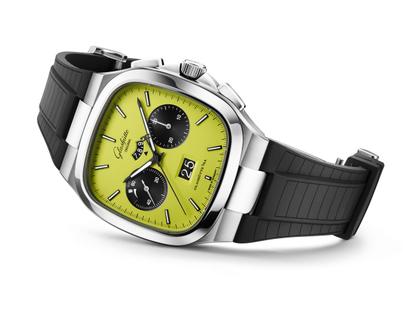 Glashütte Original Seventies Chronograph Panoramadatum Fusion Limited Edition Automatik Edelstahl 40mm grünes Zifferblatt schwarzes Kautschukband – Herrenuhren Chronograph aus 585 Weißgold und Edelstahl. Das Gehäuse ist quadratisch und silber. Das Kautschuk / Kunststoff / Silikon Armband ist schwarz. Das Zifferblatt ist ein Index in grün. – Ansicht 2