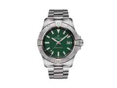 Breitling Avenger Automatik 42 Edelstahl grünes Zifferblatt Metallband – Herrenuhren Uhr mit Datum aus Edelstahl. Das Gehäuse ist rund und silber. Das Edelstahlarmband ist silber. Das Zifferblatt ist ein Index in grün.