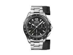 Union Glashütte Belisar Chronograph Sport Automatik Edelstahl Schwarz-DLC 43mm schwarzes Zifferblatt Metallband – Herrenuhren Chronograph aus DLC beschichtet und Edelstahl. Das Gehäuse ist rund und silber. Das Edelstahlarmband ist silber. Das Zifferblatt ist arabisch Index und schwarz.