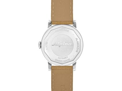 Alpina Heritage Tropic-Proof Handaufzug Edelstahl 34mm weißes Zifferblatt braunes Lederband – Herrenuhren Uhr ohne Datum aus Edelstahl und Leder. Das Gehäuse ist rund und silber. Das Lederarmband ist braun. Das Zifferblatt ist ein Index in weiß. – Ansicht 3