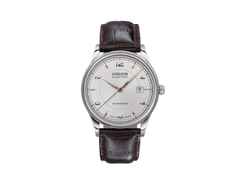 Union Glashütte Noramis Datum Automatik Edelstahl 40mm silberfarbenes Zifferblatt braunes Lederband – Herrenuhren Uhr mit Datum aus Edelstahl und Leder. Das Gehäuse ist rund und silber. Das Lederarmband ist braun. Das Zifferblatt ist arabisch Index und silber.